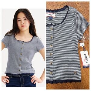 Limited Too Girls Button Front Tee LARGE 12/14 NWT! Navy White Stripe Crop Lace‎